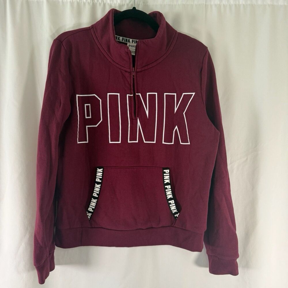Pink VS Sweater Women's Large Burgundy Red 1/4 Zip Kangaroo Pocket Pullover